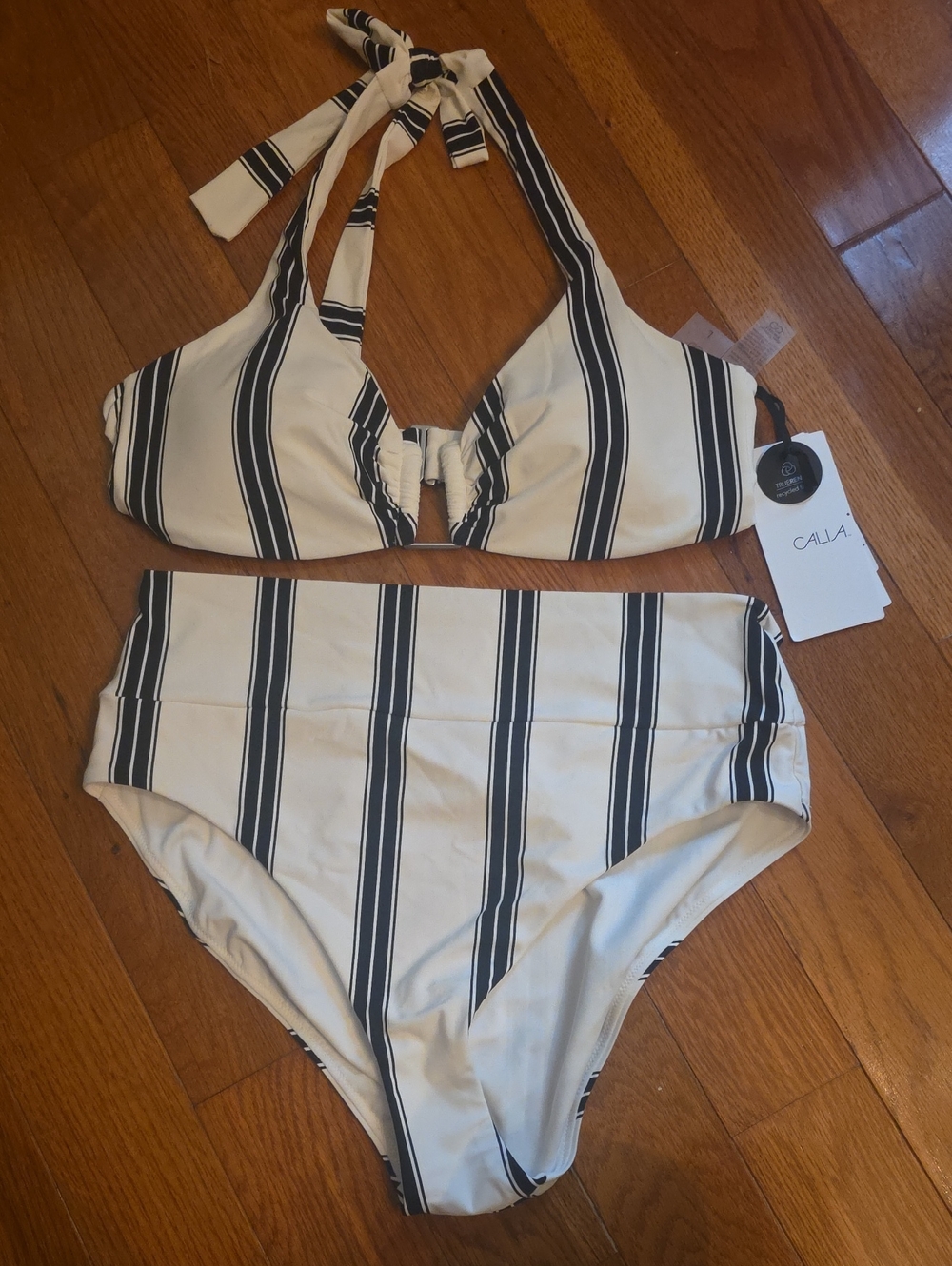 CALIA by Carrie Underwood Cream and Black Striped High-Waist Halter Bikini